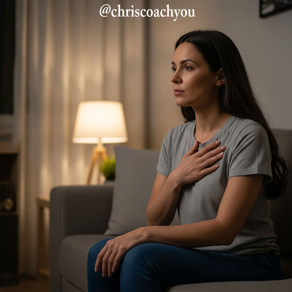 Parent solo assis seul dans un salon silencieux, en pleine pause de recentrage.