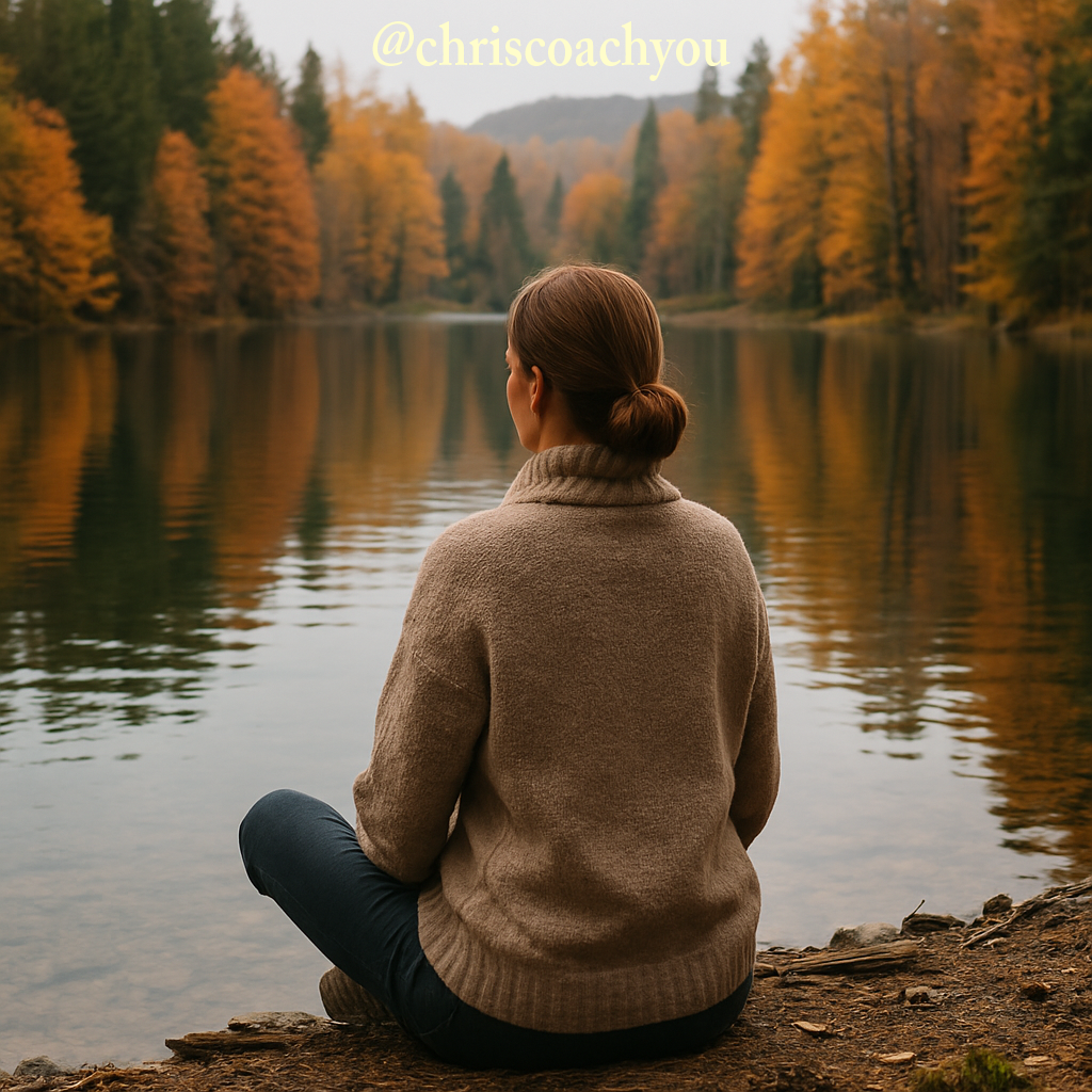 Femme méditant en automne au bord d’un lac