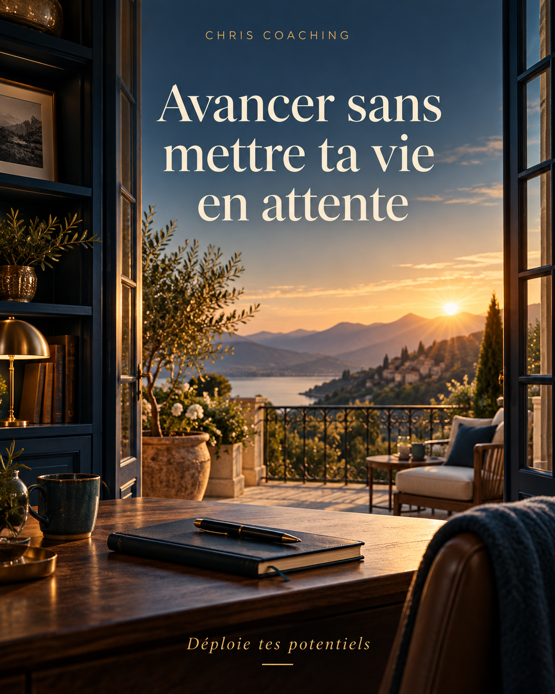 Un carnet fermé dans un bureau bleu nuit face à une terrasse lumineuse ouverte sur le paysage