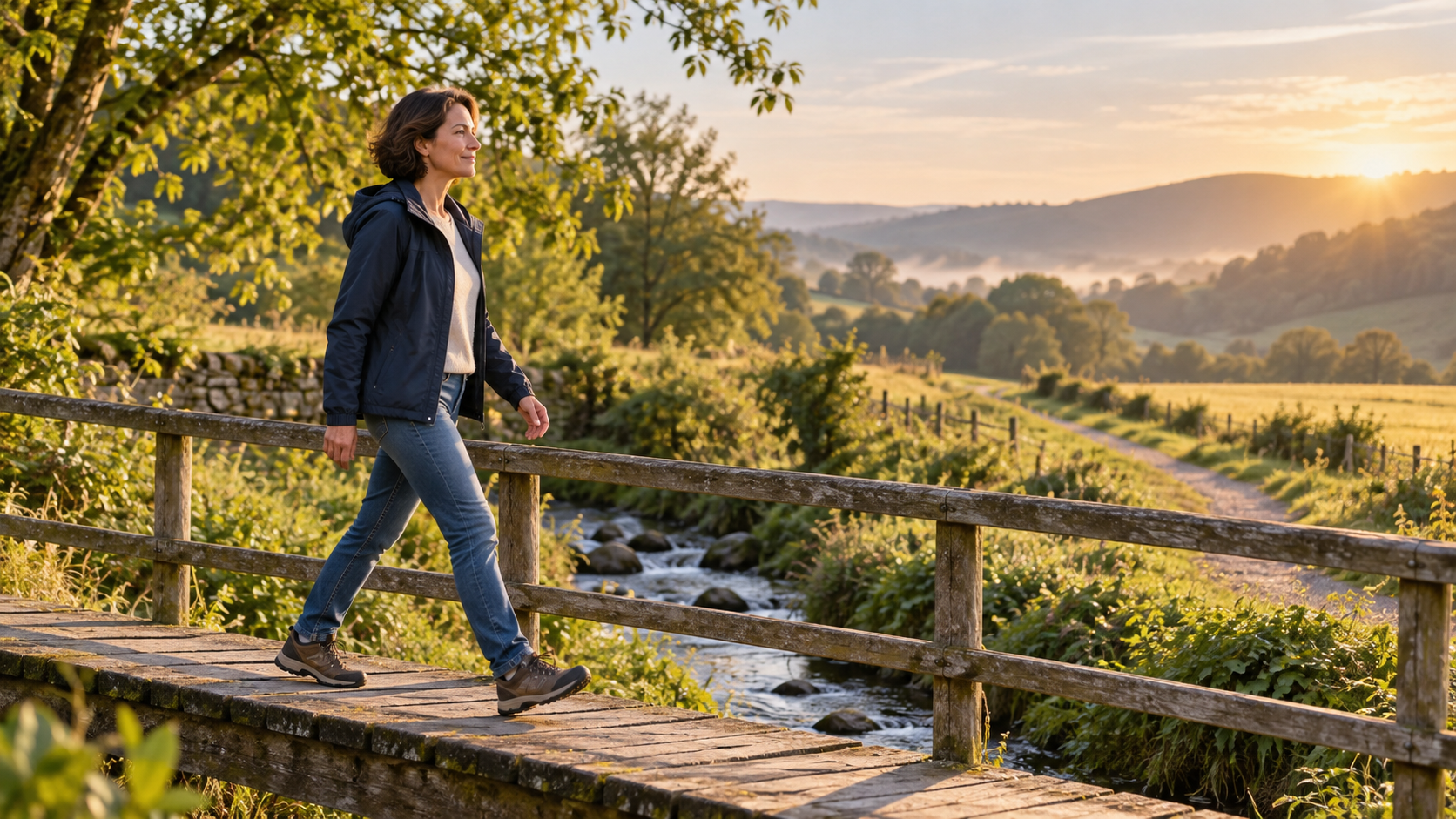 Femme avançant sur une passerelle de bois dans un paysage de campagne lumineux.